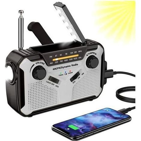 Radio Portable à Manivelle Solaire AM/FM avec Générateur d'Urgence, Batterie Rechargeable 4000 mAh Intégrée, Lampe LED et Alarme SOS pour Camping, Extérieur et Situations d'Urgence (Gris) (1/5)
