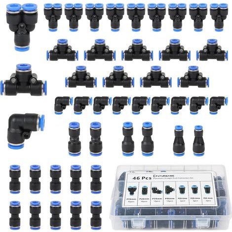 46 Pièces Raccord Rapide Pneumatique 6mm Connecteur de Tuyau d'Air. avec 10 Raccords Droits. 10 à Angle. 10 en Y. 10 en T et 6 Réducteurs Chacun (2 pièces de Chaque: 4-6. 4-8 et 6-8) (1/5)