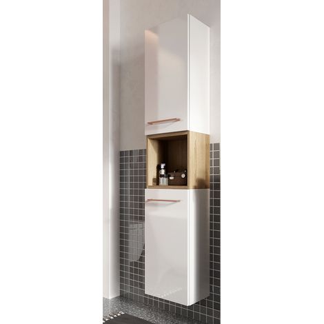 Badezimmer Hochschrank MESSINA-107 in weiß Hochglanz lackiert mit Trüffel Buche Nb. und Metallgriffen in kupfer, B/H/T ca. 30/150/22 (1/4)