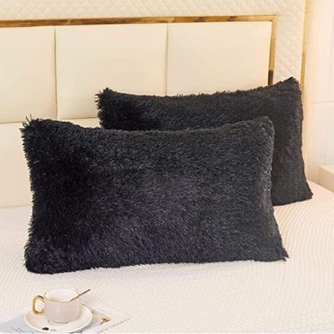 Lot de 2 taies d'oreiller de 50 x 70 cm - En peluche - Très doux - Pour canapé, décoration de jardin, extérieur - Noir - 50 x 70 cm (1/4)