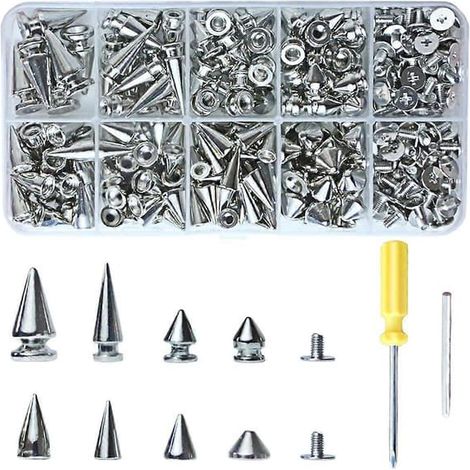 Kit de 354 rivets et clous style punk, clous coniques de 8 tailles, rivets métalliques en forme d'arbre pour la maroquinerie et les vêtements de style punk.
