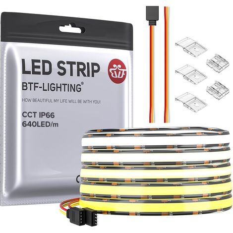 LED Strip FCOB CCT 5M 640LED/m 3000K-6000K 24V IP66 CRI90+ Bande LED 24V COB CCT étanche réglable 3000K-6000K Dimmable Flexible haute densité pour cuisine chambre TV DIY (Bande seule) (1/5)