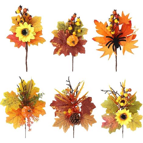 TSLBW 6 Feuilles d'Érable Artificielles, Décorations d'Automne avec Citrouille, Tournesol, Pommes de Pin, pour Thanksgiving, Fête des Récoltes, Ornements Intérieur Extérieur (Style A) (1/5)