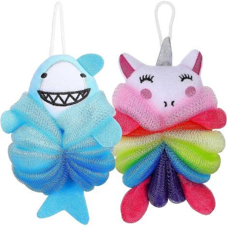 Set mit 2 Peeling-Duschschwämmen in Form eines Hais und eines Einhorns für Kinder (1/3)