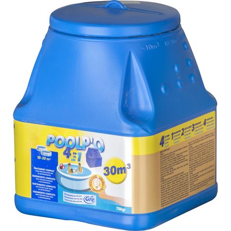 GRE – Désinfectant chloré multifonction 700g pour piscine 0-30 m³ – Diffuseur flottant – Traitement longue durée – 4 actions : antibactérien, anti-algues, floculant