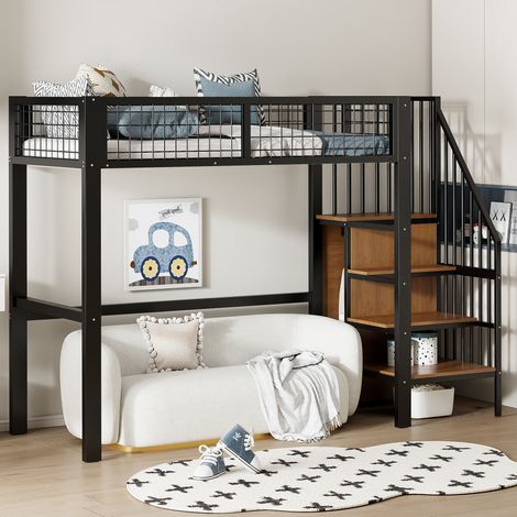 Cama alta de metal y MDF negra 90x200 cm con escalera de seguridad, armario y somier de láminas incluido (1/5)