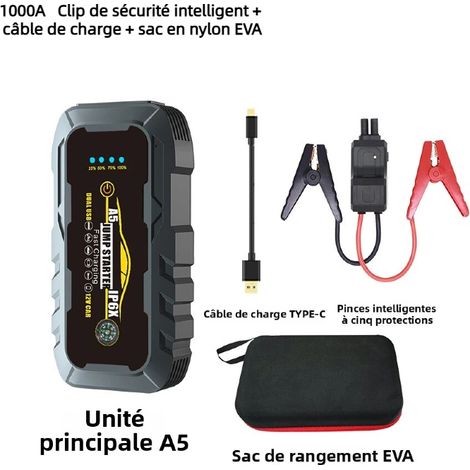 Ladegerät, Starthilfekabel und Überbrückungskabel (12 V) – Batterieladegerät – Kompressor – Starthilfe-Ladegerät – 6000-mAh-Akku1000 A mit LED-Beleuchtung – für Autos, Motorräder, EVA-Nylontasche