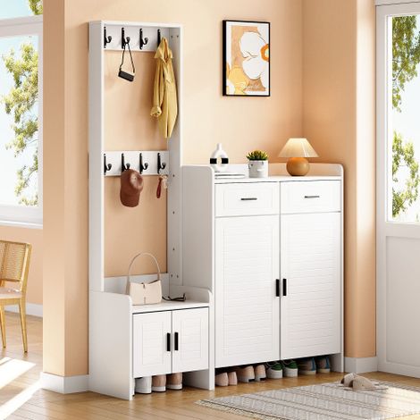 Set di mobile contenitore per ingresso e scarpiera con 2 cassetti, 2 ante, 6 ripiani e 8 ganci. Ideale per corridoi e ingressi. Colore: Bianco, 12536165 cm (1/5)