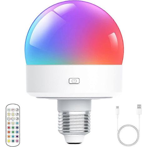 Ampoule rechargeable USB avec télécommande, minuterie, intensité réglable, facile à installer, alimentée par piles, culot E27, lampe RGB (1/4)