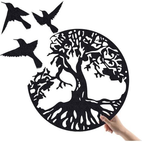 Art Mural en Métal Arbre De Vie avec Oiseaux Déco Noir - 28CM/11.02in Décoration Murale Arbre De Vie Deco Metal Murale Moderne Signe De Famille Arbre en Métal Décoration D'intérieur (1/4)
