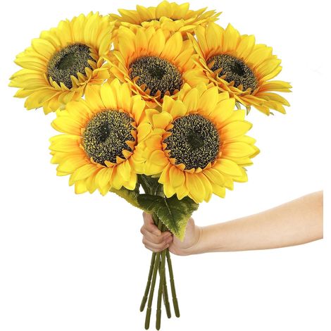 Juego de 6 girasoles, tallos largos de 50 cm, flores de seda y plástico, diámetro de 10 cm, para bodas, hogar y jardín. (1/5)