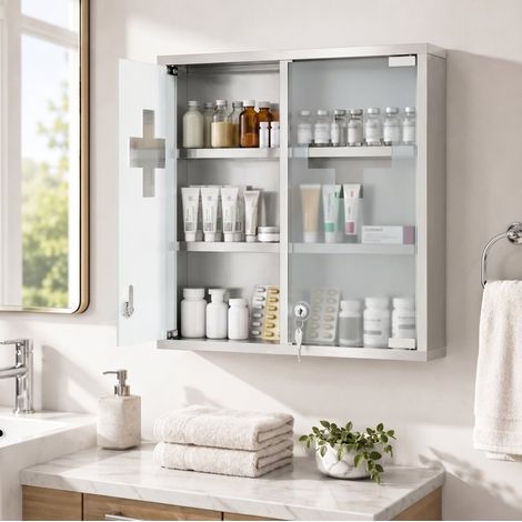 Armario de medicamentos mural con cerradura, 6 compartimentos, vidrio esmerilado, plata OKMYHOME (1/5)