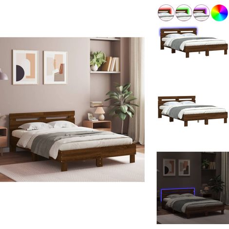 Bettgestell mit Kopfteil LED-Beleuchtung Braun Eichen-Optik - Holzbettfundament - Bettrahmen - Doppelbett - Eiche Dekor - Beleuchtung (1/5)
