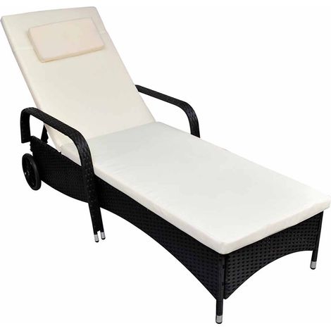 Sonnenliege mit Polster & Rollen Poly Rattan Schwarz