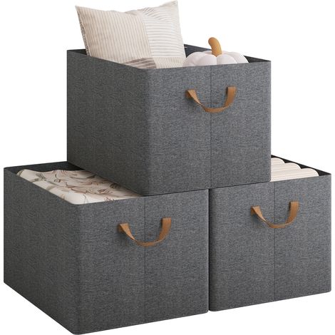 WOLTU Set of 3 Foldable Storage Boxes, Fabric Containers with Handles, 47x35x30 cm, Grey+Brown
