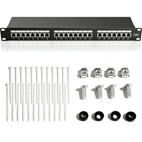 24 Port Shielded Patch Panel (STP) - Distribution Panel - 24 Shielded RJ45 Sockets - Wall/Desktop Mount - Black - Compatible with TIA/EIA-568A and 568B (1/5)