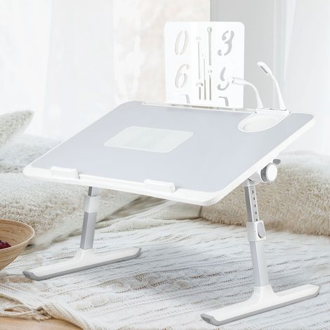 Bureau Lit Ergonomique avec Ventilateur USB et Tiroir Extensible - Table Multifonction 7 Hauteurs Réglables, Étagère Intégrée & Plateau MDF Anti-Rayures (60x40x22-40cm) - Confort Travail/Étude au Lit (1/5)