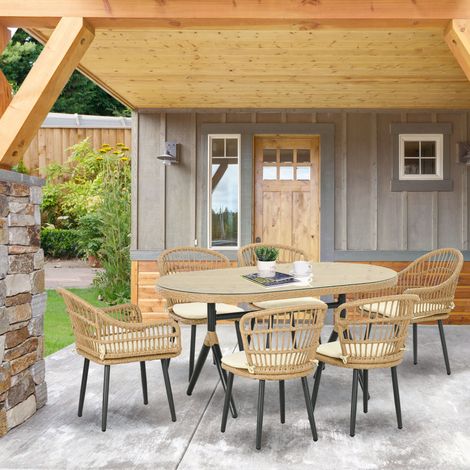 Gartenmöbelset für 6 Personen, Essgruppe aus PE-Rattan – 1 rechteckiger Tisch und 6 Stühle mit Kissen