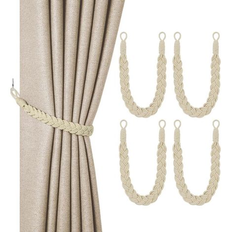 Attaches de rideau décoratives - beige - tricotées à la main - style bohème élégant - pour rideaux à la maison - 4 Pièces Bandes de Rideau en Coton (1/5)