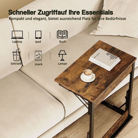 Lot de 2 tables d'appoint pliantes en C, cadre en acier et pieds ajustables, idéales comme table basse ou chevet pour salon, chambre, bureau, ou support TV. Taille : 60 x 37 x 71 cm. Teinte : brun. (1/5)