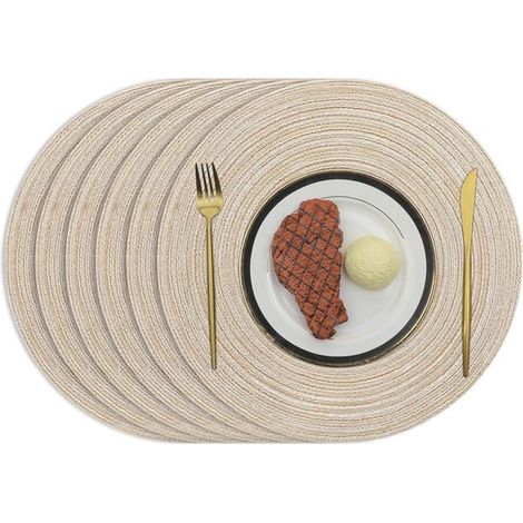 Set mit 6 beigefarbenen, geflochtenen runden Tischsets aus Baumwolle, waschbar, hitzebeständig für Hochzeiten, Partys und zum Kochen (1/5)