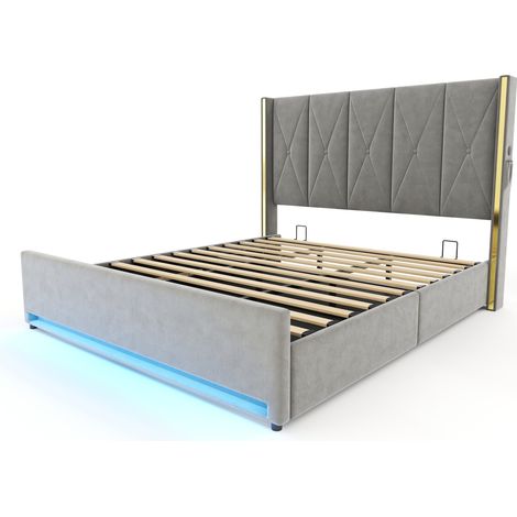 Cama arcón terciopelo gris oscuro 180 x 200 cm con cabecero capitoné, USB, LED y almacenaje (1/5)