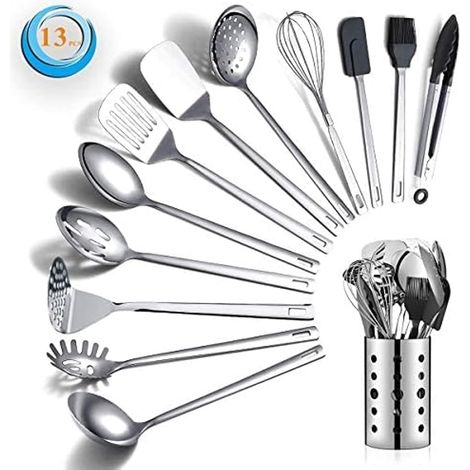13-teiliges Küchenutensilien-Set aus Edelstahl mit antihaftbeschichtetem und hitzebeständigem Utensilienhalter, spülmaschinenfest, leicht zu reinigen (13 Stück) (1/5)