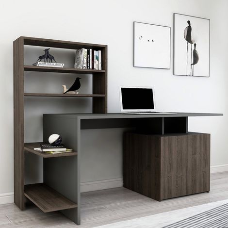 Escritorio Recco, 8 estantes, 2 puertas, 7 compartimentos, 146x60x74h cm Negro Antracita (1/4)