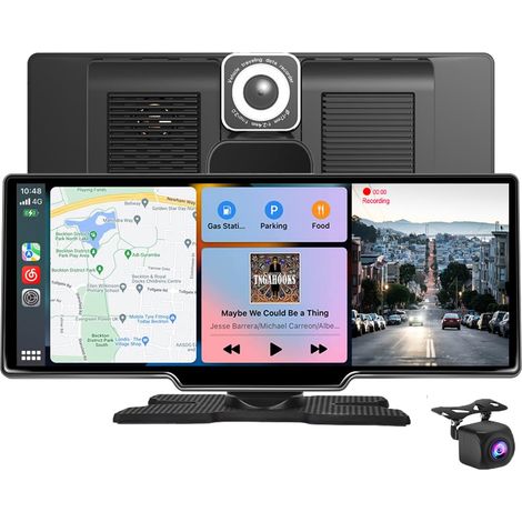 Caméra de tableau de bord de voiture avec carte SD 128 Go, CarPlay, Android Auto, double objectif avant et arrière, caméra de recul étanche (128 Go) (1/5)
