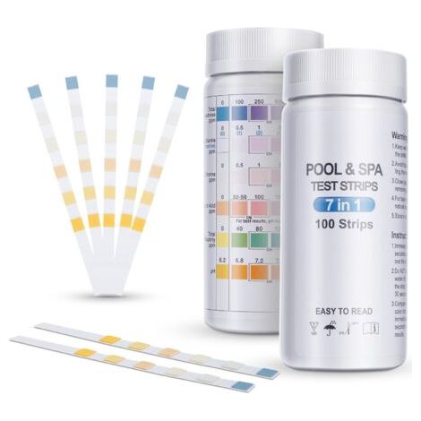 Lot de 100 Bandelettes Piscine, 7 en 1 Bandelettes Test pour Piscine, Spa et Jacuzzi, Analyse Qualité de l'eau-Dureté Totale, Brome, Chlore Libre, pH, Acide Cyanurique et Niveau d'alcalinité (1/5)