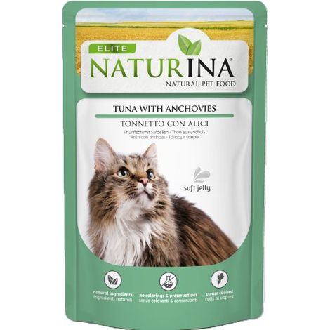 Naturina Elite Katzenfutter mit Thunfischfilet in Gelee 70g Beutel – Thunfischfilet und Sardellen 70g