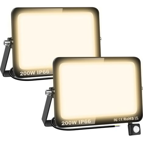 2 Pcs Projecteur led extérieur avec detecteur de mouvement, 200W 20000LM 3000K Blanc Chaud Spot led extérieur, IP66 Étanche eclairage de sécurité floodlight pour Terrasse Garage Jardin