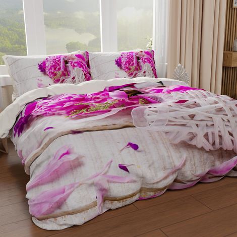 Housse de Couette 2 Places 240x220 cm 2 Taies 63x63 cm Incluses, Parure en Microfibre Imprimée Spring 790 (1/4)