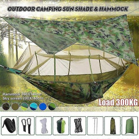 Hamac de camping portable et léger avec auvent, bâche imperméable et moustiquaire intégrée, en nylon 210T. (1/5)