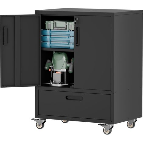 Meuble à outils en métal robuste et mobile – Rangement heavy-duty, H101,5 x L76 x P51 cm, Noir/Gris, pour garage, bureau et maison