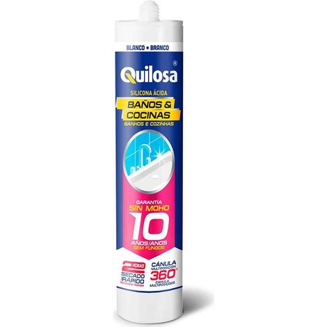 QUILOSA silicona antimoho blanca baño/cocina , Sellador de silicona para Baños y Cocinas.Color Blanco.
- Cartucho de 300 ml.
- Antimoho.
- Secado rápido.
- Con cánula multiposición