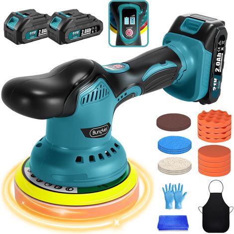 Polierer Akku Poliermaschine, 21 V, 9mm, kabelloser Autopolierer, Pufferschleifer, 8 Geschwindigkeiten, elektrischer Reiniger + Pads + 2 x 2,0 A Akkus + Ladegerät, kompatibel mit Makita 18 V Akku