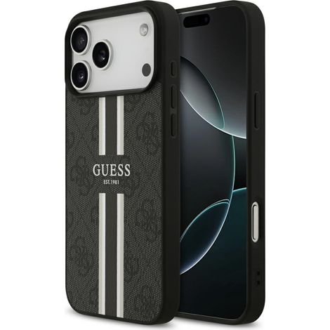 Custodia Guess 4G con stampa a strisce e MagSafe per iPhone 17 Pro Max, nera. (1/5)