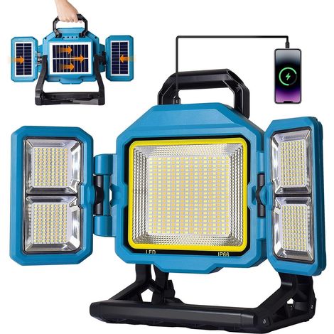 Projecteur LED Rechargeable, 300W, 25000mAh, 3 Panneaux Solaires, 30000LM, 752LEDs, 4 Modes de Éclairage, Sortie USB, IP44, Portable pour Chantier, Garage, Urgences, Camping, Pêche (1/5)