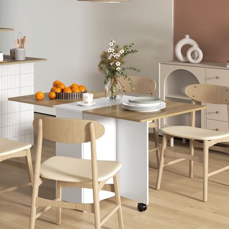 Table manger pliable 6 personnes roulettes 2 tiroirs 2 placards 140x76x74 cm blanc, fonctionnelle (1/5)