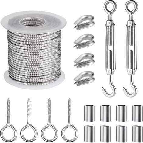 15M Corde en Acier Inoxydable à Suspendre Kit, Kit de Câble Métallique Revêtu de PVC avec M5 Tendeur Cable et Crochets à Oeil, pour Corde de Tente, Corde a linge, Lustre d'Extérieur (1/5)