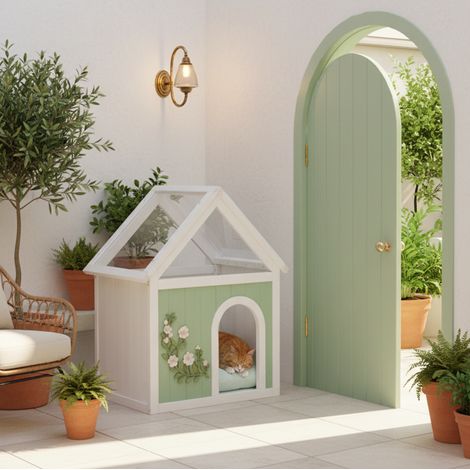 Caseta de madera para gatos con techo acrílico transparente estilo cottage verde menta (1/4)