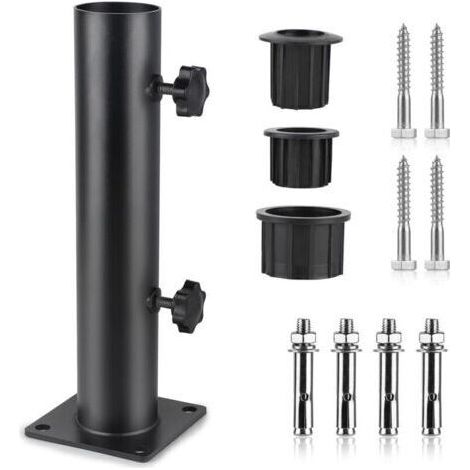 Pied Parasol, Tube de Parasol, Support Parasol Metal Réglable avec 3 Anneaux de Réduction en PVC (32/38/48mm), Tube pour Pied de Parasol avec 8 Clous en Acier, Noir (1/5)