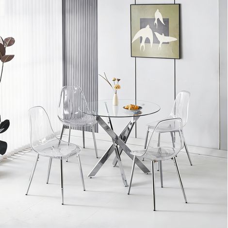 Ensemble table à manger ronde 80x80x75 cm en verre et métal argent, design moderne FloraGrace (1/5)
