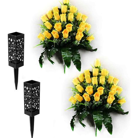 Lot de 2 fleurs artificielles cimetière, bouquet rose et lys, vase avec pique sol 7,1cm, décoration tombe (1/5)