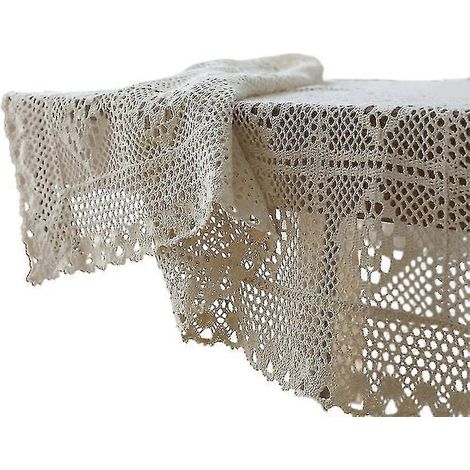 Nappe ronde vintage style pastoral américain, faite main au crochet avec franges en dentelle ajourée, beige. (1/2)