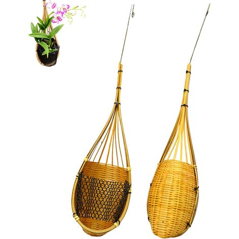 Pot suspendu en bambou tressé thaïlandais pour orchidées, lot de 2 avec crochet métal (1/5)