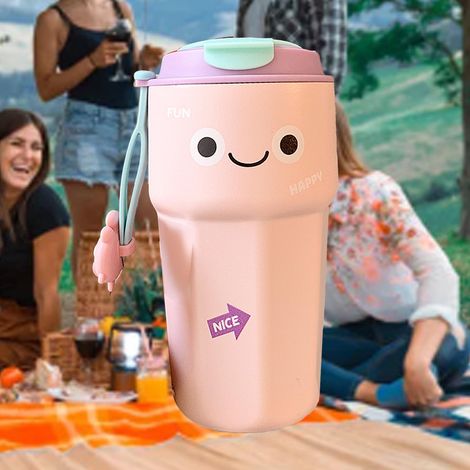 Niedliche isolierte Wasserflasche für Mädchen, hochwertige Edelstahl-Wasserflasche, einfacher tragbarer Kaffeebecher für Paare im Büro, rosa. (1/5)