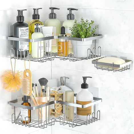 Etagère de Douche d'angle sans Perçage, Lot de 3 Etagere Salle de Bain Acier Inoxydable avec Porte Savon Douche, Rangement Douche pour Bouteilles de Shampoing gel, Support Douche - Argent (1/5)
