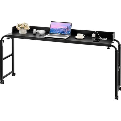 Table de Lit Mobile Réglable en Hauteur VEVOR Bureau d'Appoint avec 2 Prises 2 Ports USB 4 Roulettes 221x40x101,6 cm Noir (1/5)